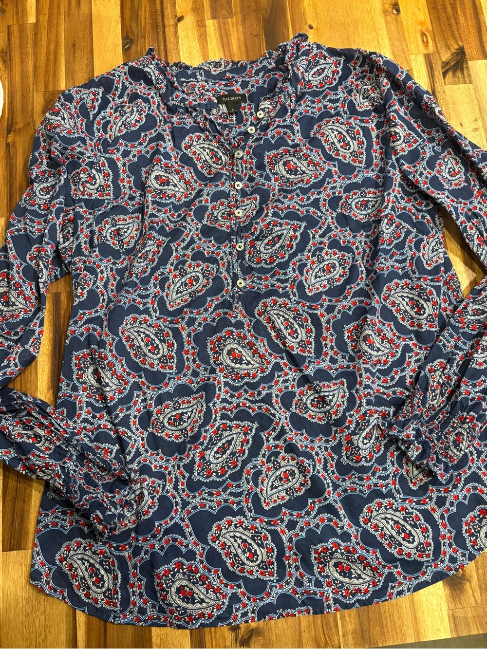 Talbots Navy Paisley Henley Blouse with Red and White Accents